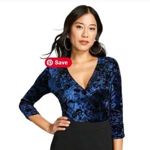 Modcloth blue black velvet crossover bodysuit top M EUC